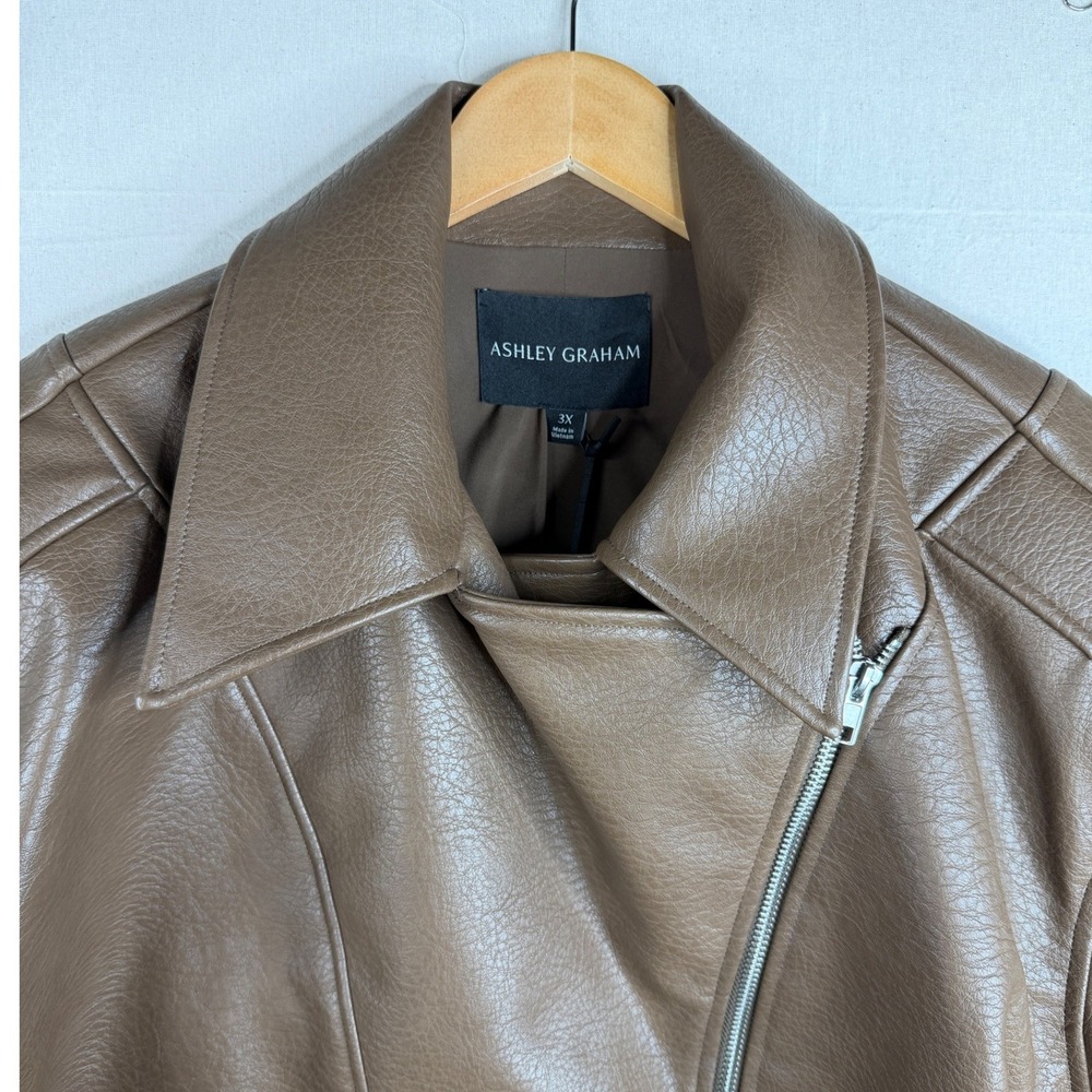 New Ashley Graham Faux Leather Midweight Moto Jacket size 5X Light Brown - Picture 5 of 9